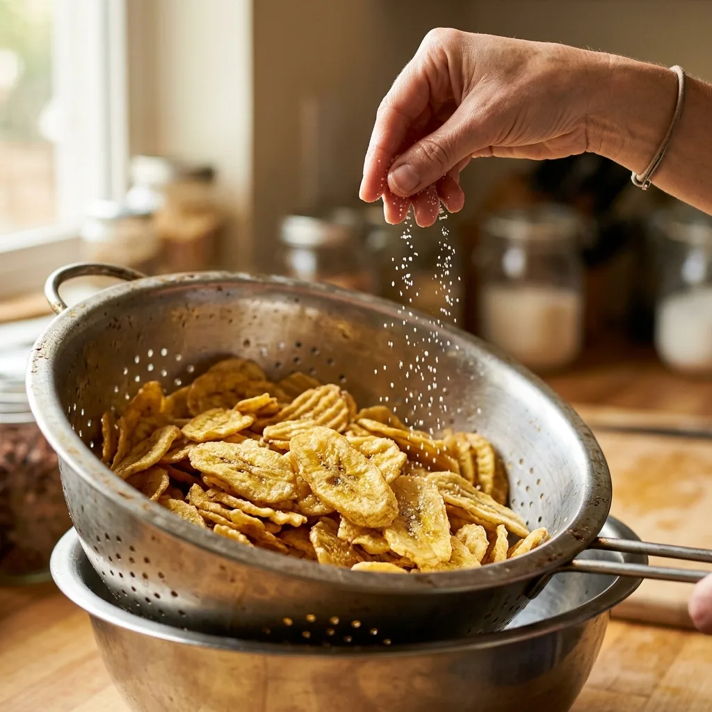 Golden Nendran banana chips draining and being salted in a perforated ladle straight from the groundnut oil