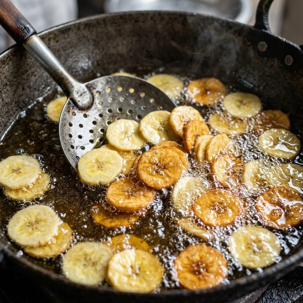Fresh banana chip slices frying and bubbling in a large kadai of 100% pure groundnut oil at RajaGopal Sweet Stall
