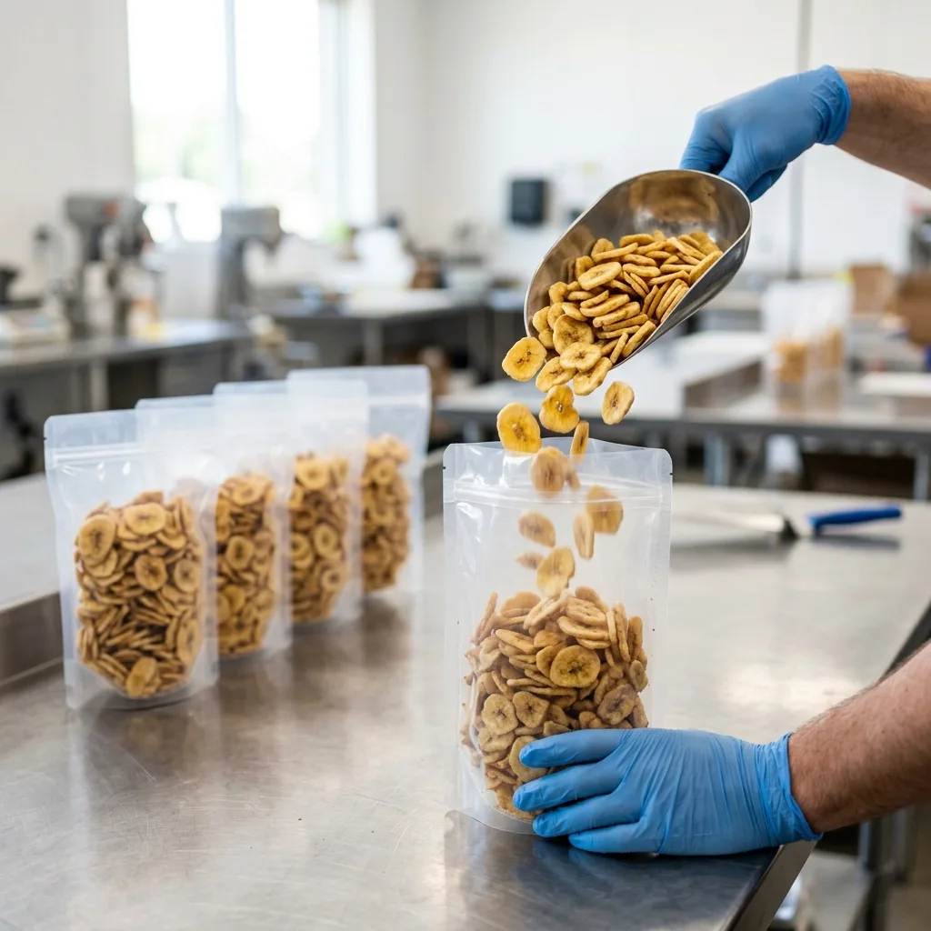Freshly fried Nagercoil banana chips being sealed in fresh-lock zip pouches within an hour of frying