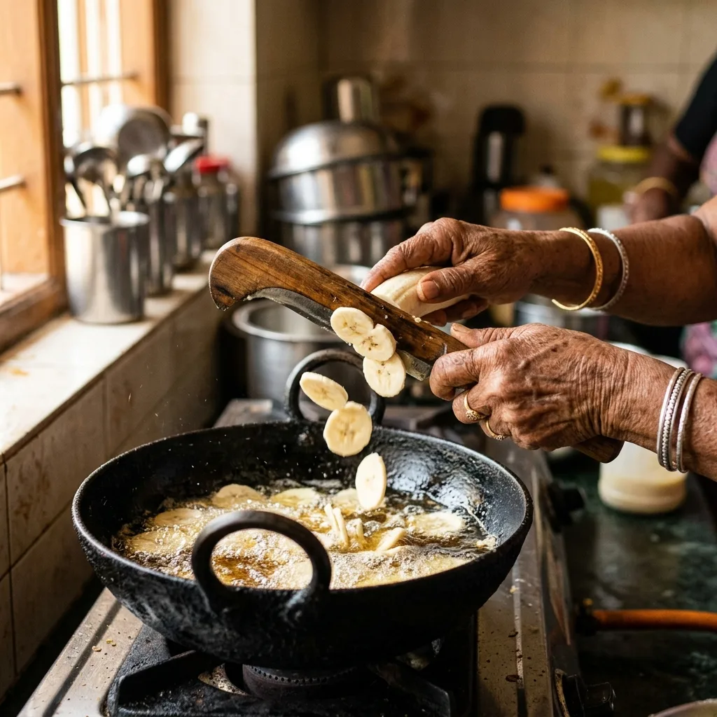 Craftsman hand-slicing raw Nendran bananas on a brass slicer directly over a hot kadai of groundnut oil in Nagercoil
