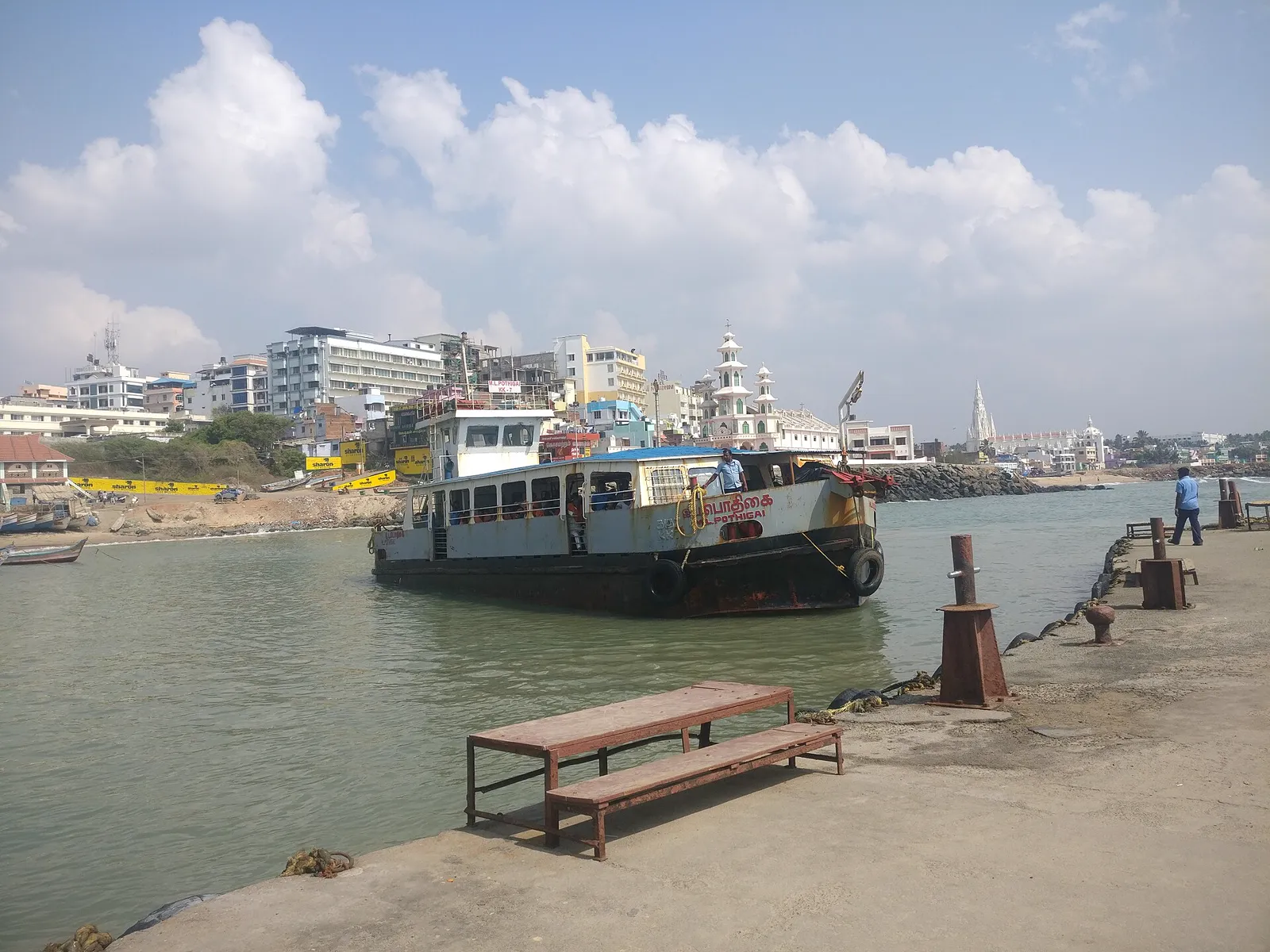 Ferry boat carrying visitors across the sea to Vivekananda Rock Memorial at Kanyakumari
