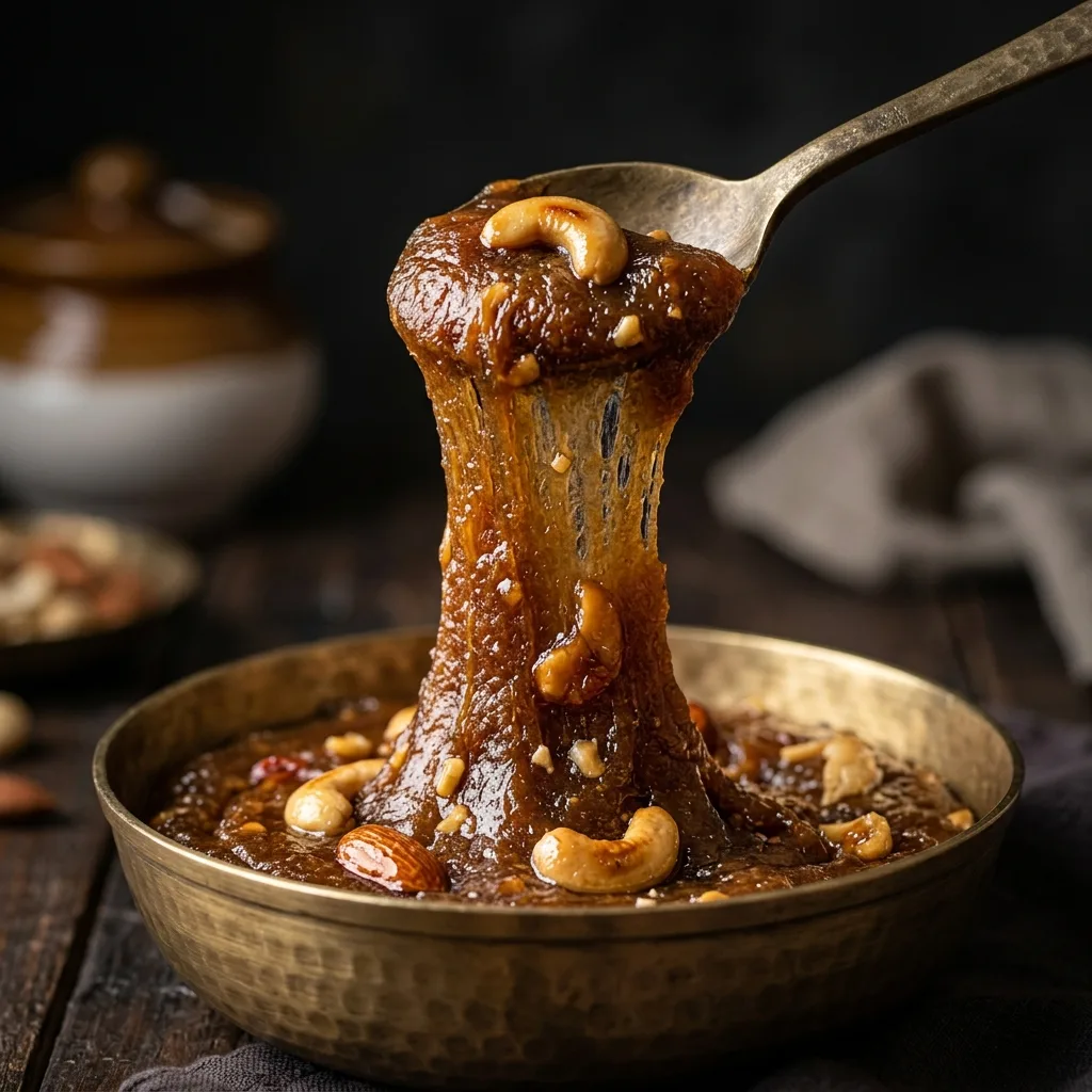 Close-up of glossy dark amber wheat halwa slow-cooked in pure ghee, a traditional sweet of Kanyakumari district