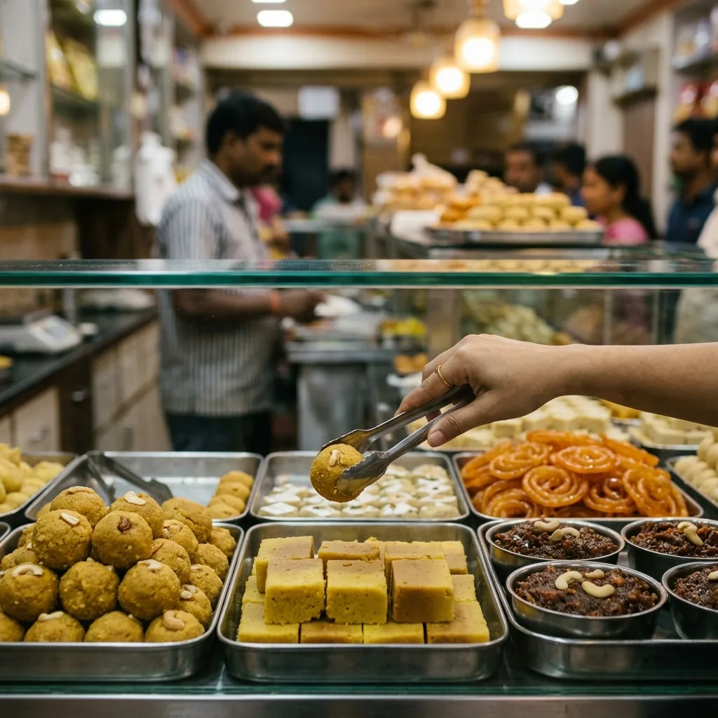 A spread of traditional South Tamil Nadu sweets from Kanyakumari district — ghee laddu, jalebi, mysore pak, and wheat halwa arranged on brass trays
