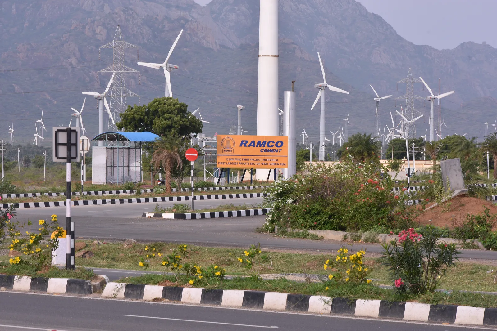 Wind turbines at Muppandal in Kanyakumari district, near Nagercoil, with hills behind