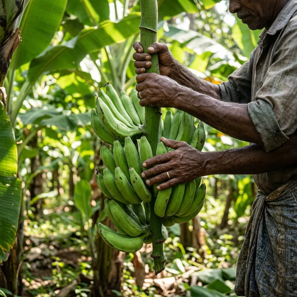 Bunch of raw green Nendran plantains from the Kanyakumari belt, the variety used for authentic Nagercoil banana chips
