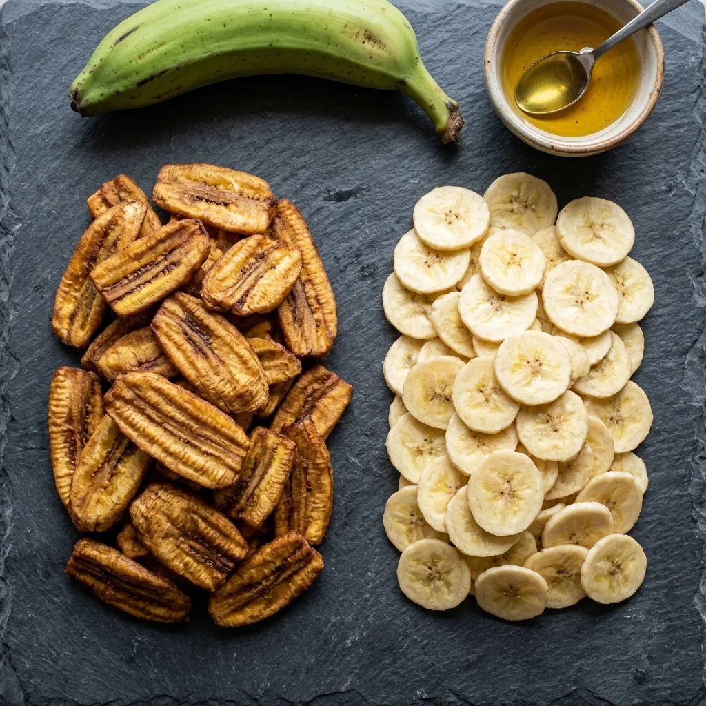 Side-by-side comparison of golden Nendran banana chips and darker regular banana chips showing the difference in color and thickness