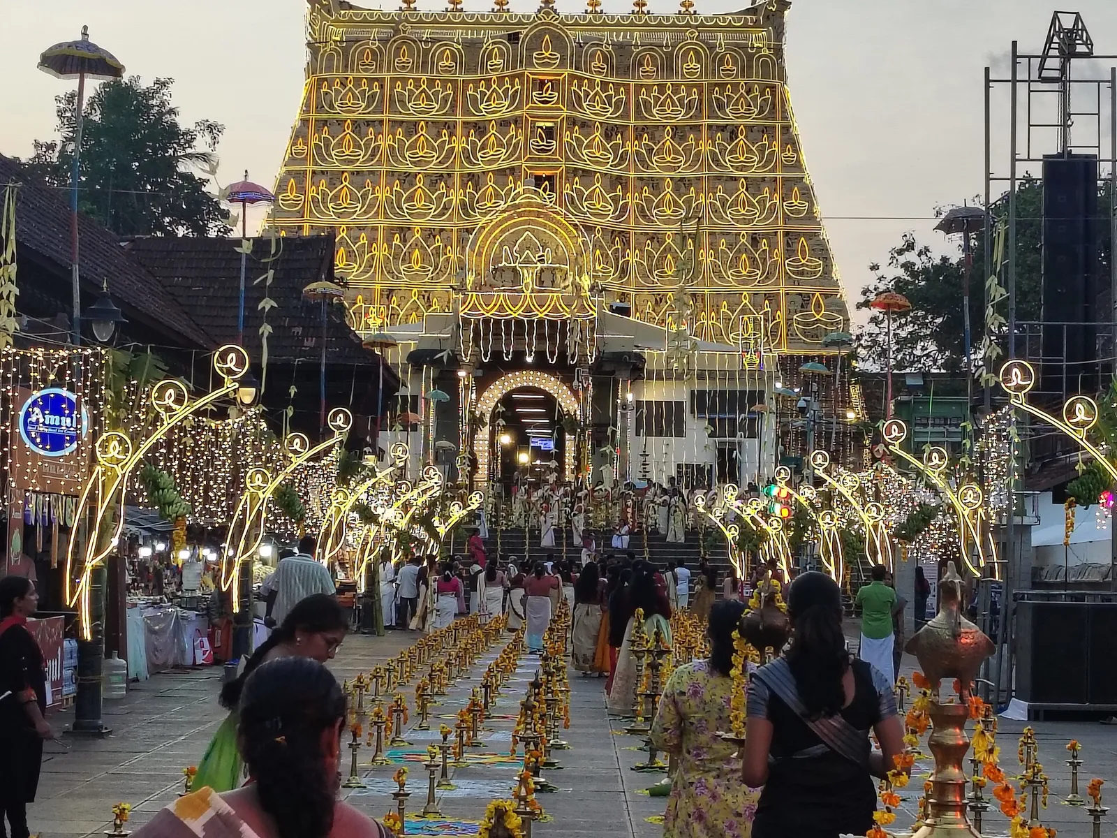 Sree Padmanabhaswamy Temple gopuram in Thiruvananthapuram lit up for a festival evening, the start of the road to Kanyakumari