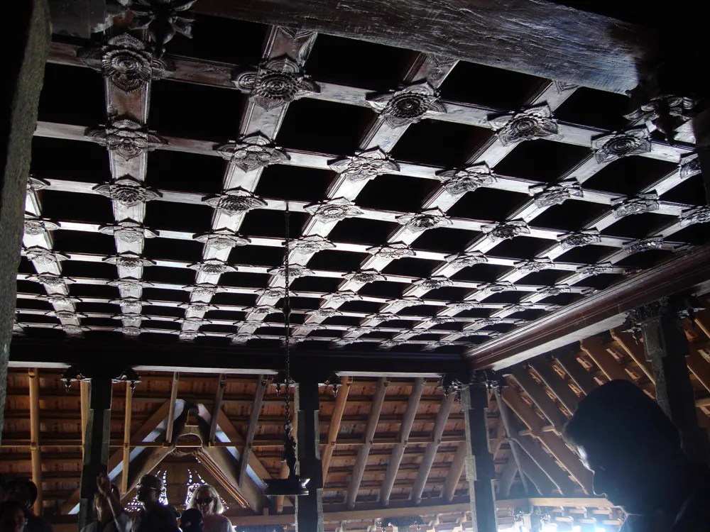 Traditional timber roof architecture inside Padmanabhapuram Palace near Nagercoil