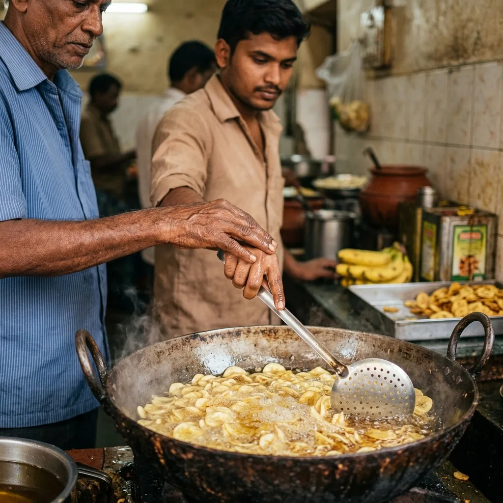 Banana chips frying in a traditional iron kadai of bubbling groundnut oil at RajaGopal Sweet Stall, the same method used in Vadasery since 1965