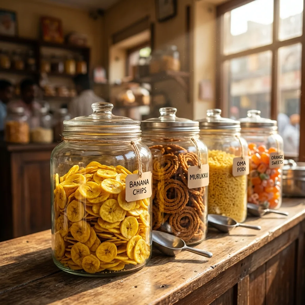 The present-day counter of RajaGopal Sweet Stall in Vadasery, Nagercoil, with glass jars of fresh banana chips, mixture, and traditional sweets