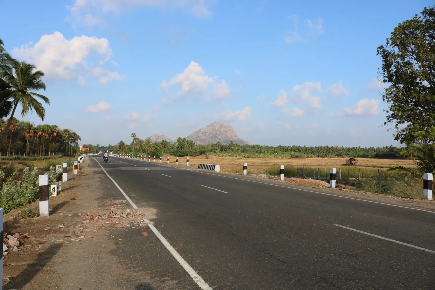 The Nagercoil to Kanyakumari road through paddy fields and palms with a granite hill on the horizon