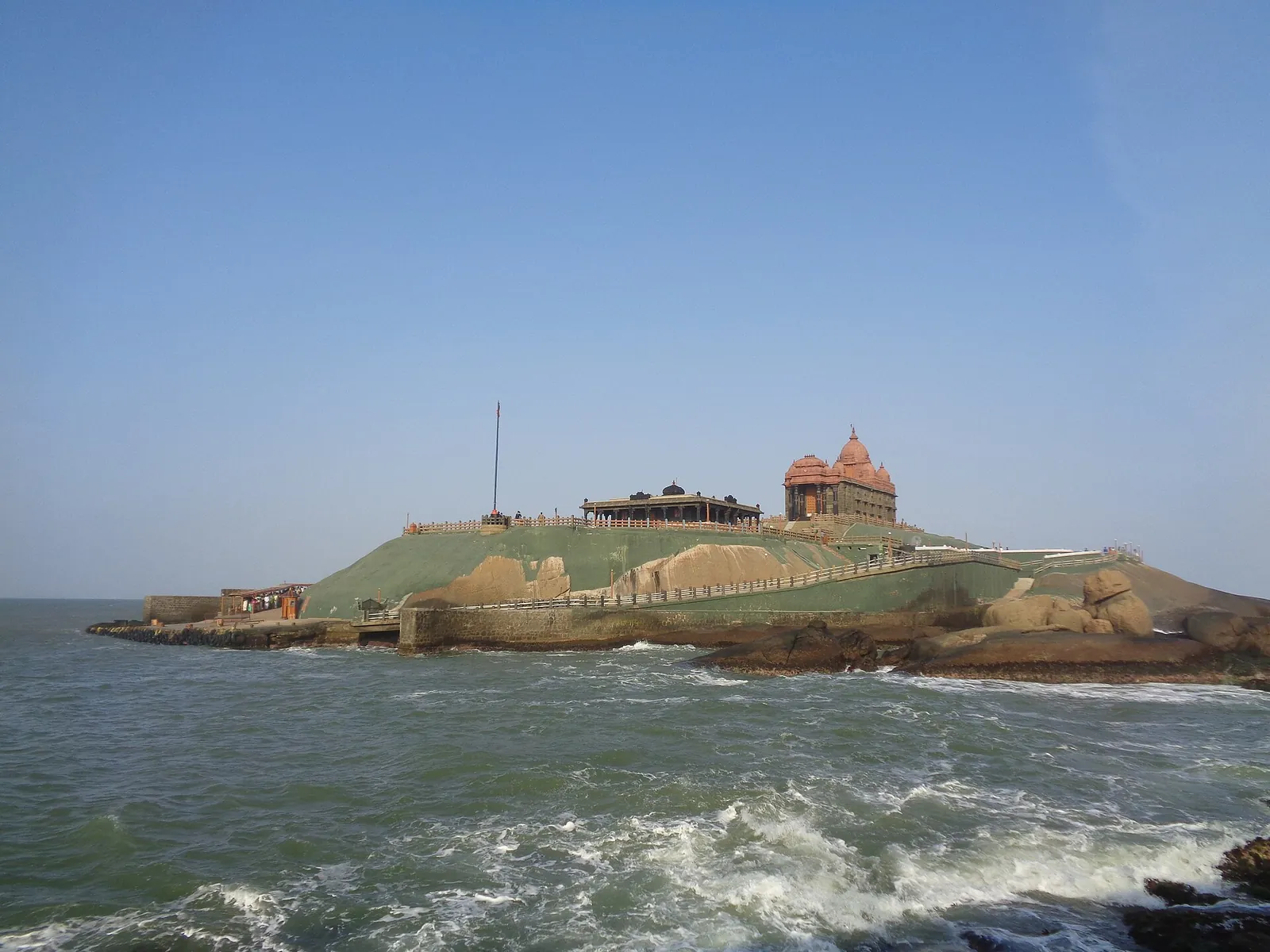 Vivekananda Rock Memorial seen from the Kanyakumari mainland shore near the ferry jetty