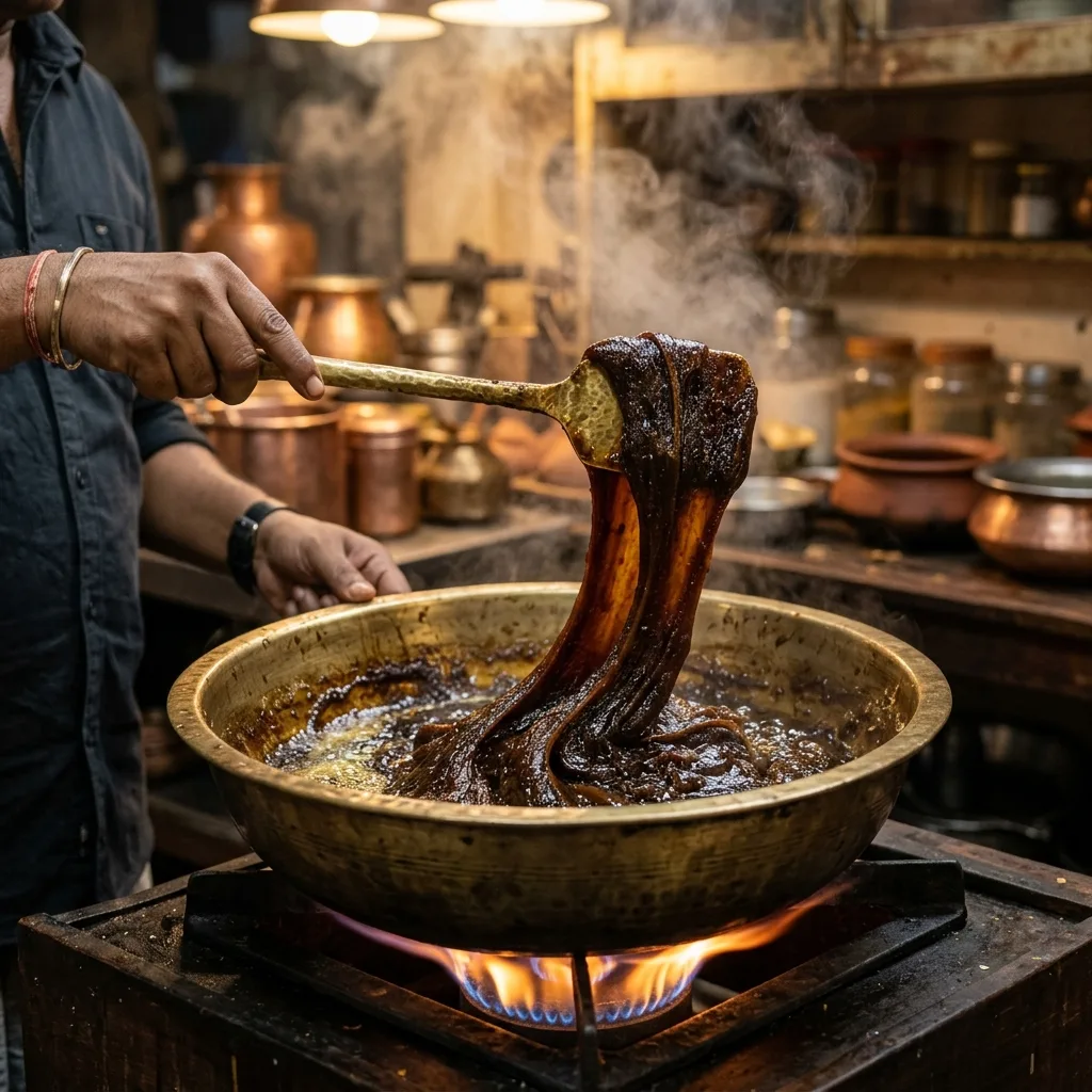 Halwa being slow-stirred in ghee in our Vadasery kitchen