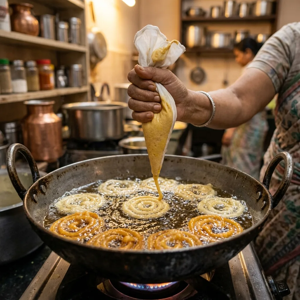 Jalebi being hand-piped into hot ghee in our Vadasery kitchen