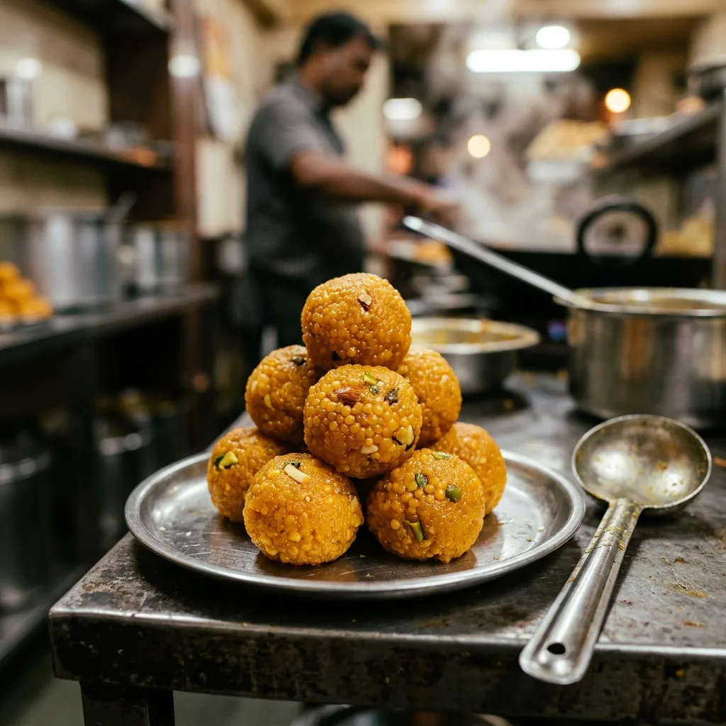 Close-up of fine-grained motichoor laddu