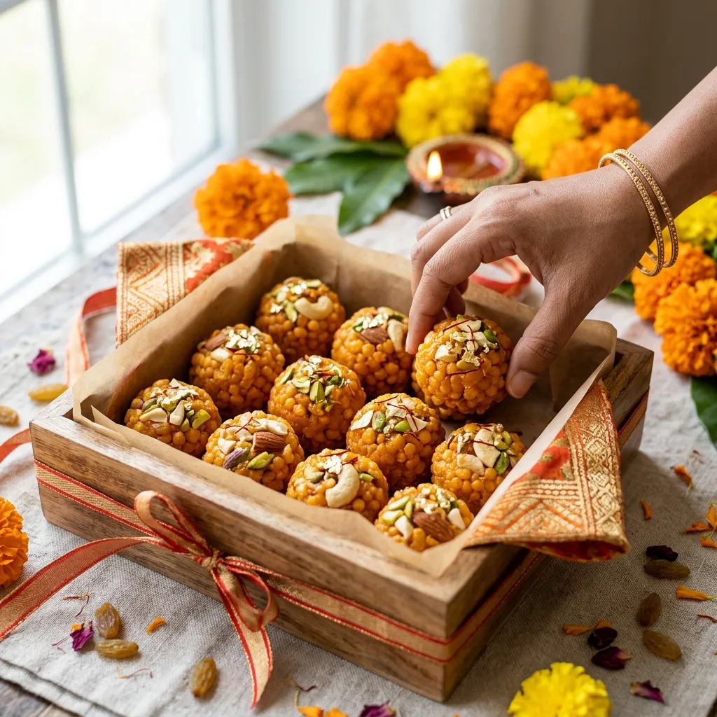 Laddu being rolled by hand in the kitchen